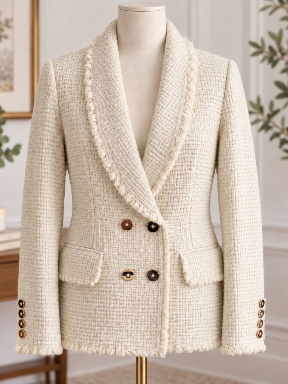 Gretchen Scott Cream Tweed Double-Breasted Blazer with Fringe Trim